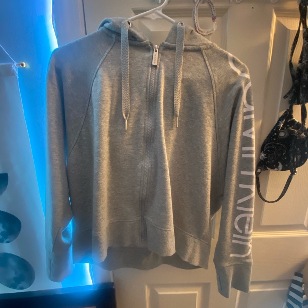 Gray Zip-Up Hoodie with White Lettering